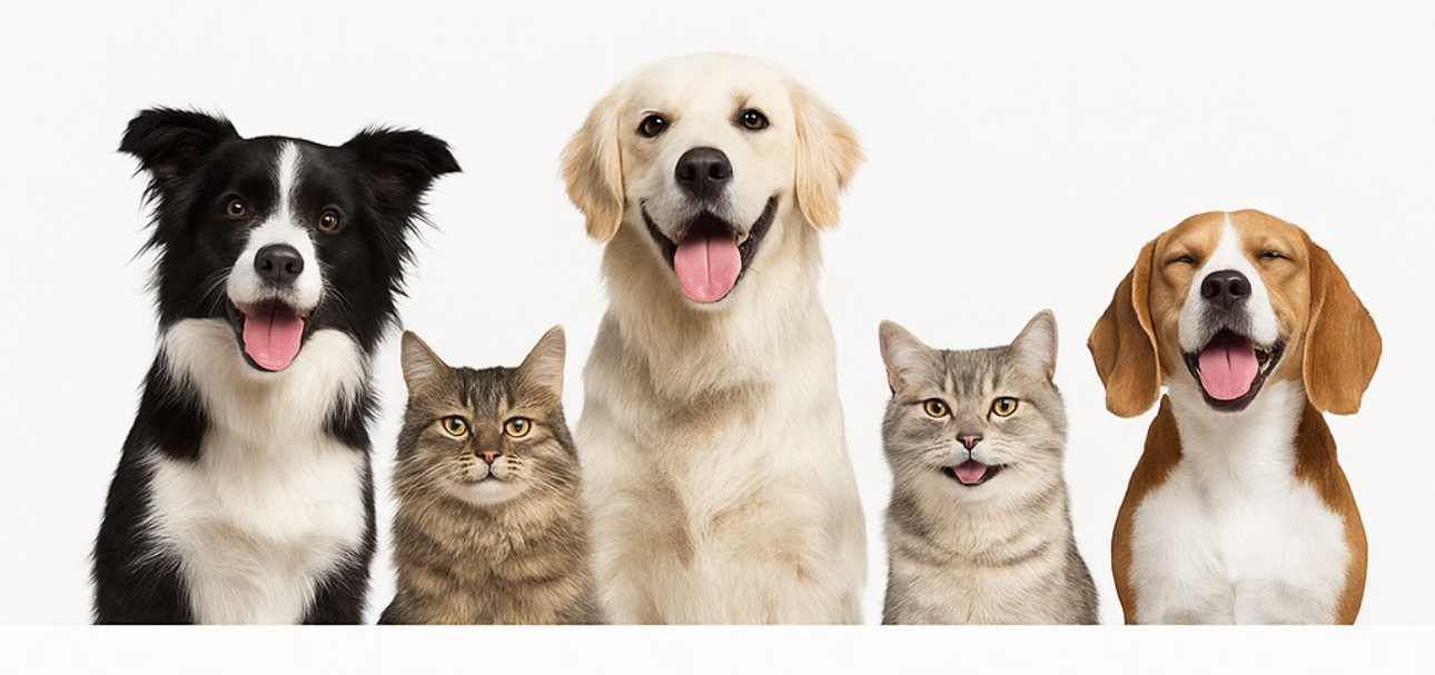 Professional pet washing service with adorable dogs and cats